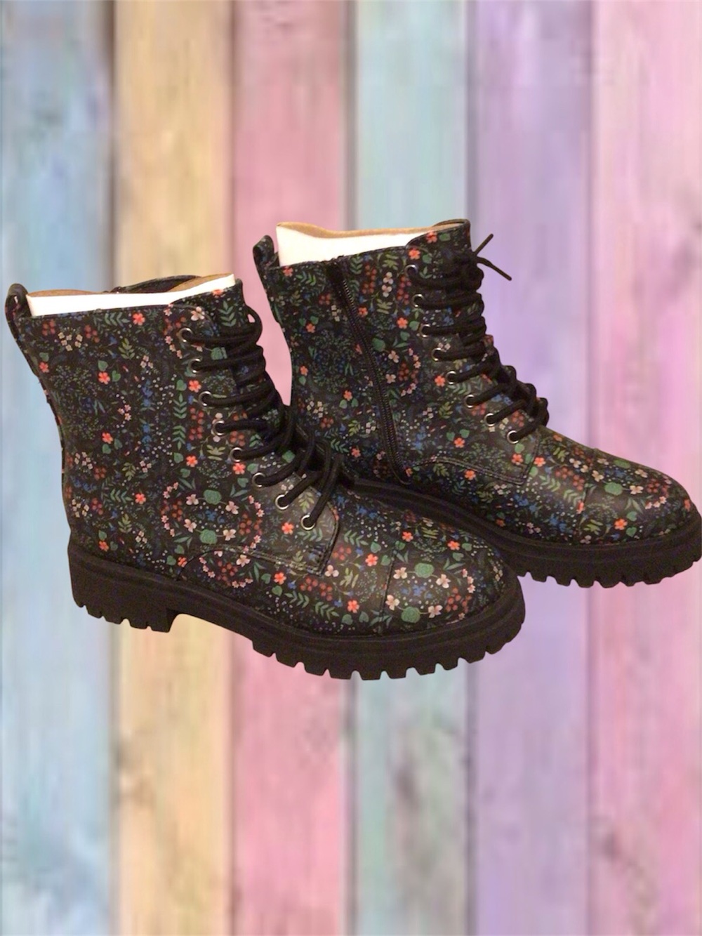 So Black Floral Print Jupiter Multi Combat Boots New